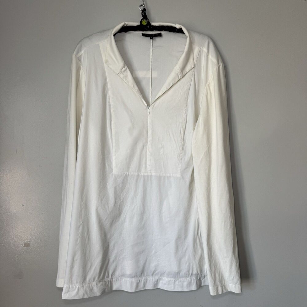 Chic Lafayette 148 White V Neck Zip Up Long Sleeve 100% Cotton Top Panel Sz 18